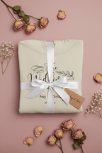 Ivory personalised wedding day hoodie sweatshirt with lavender ribbon and printed names