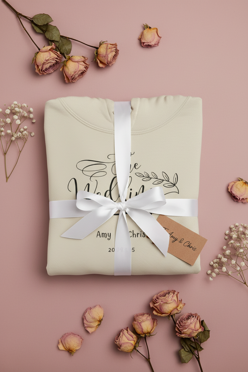 Ivory personalised wedding day hoodie sweatshirt with lavender ribbon and printed names