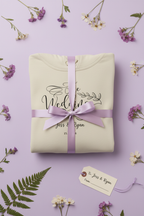 Ivory personalised wedding day hoodie sweatshirt with lavender ribbon and printed logo