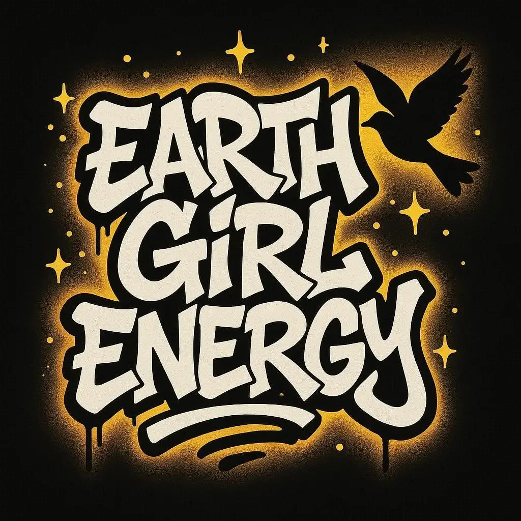 Hoodie chest logo graphic with Earth Girl Energy text, star shapes, and bird
