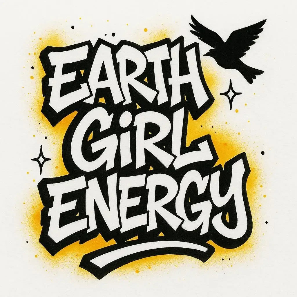 Hoodie chest logo graphic reading Earth Girl Energy with bird and star accents