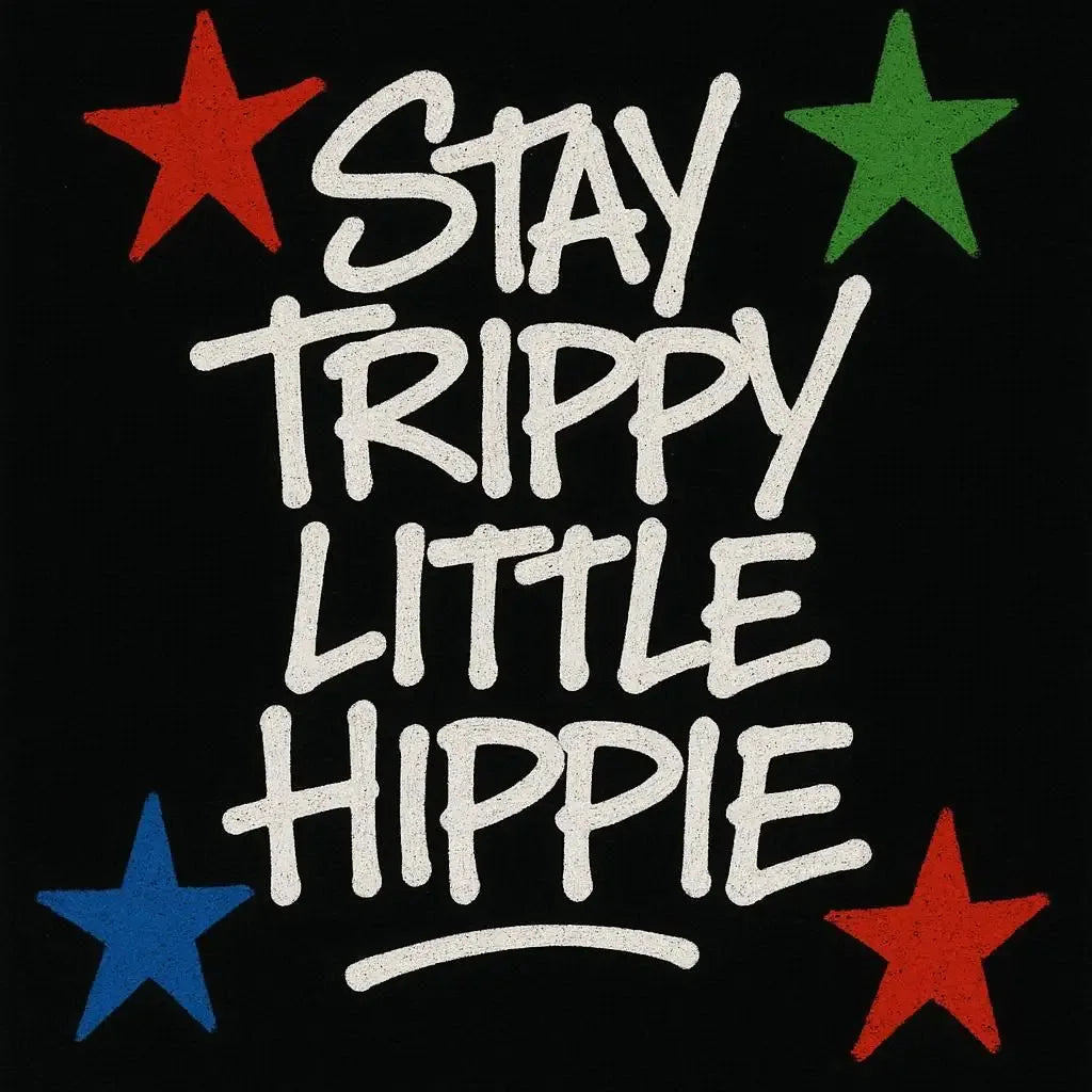 Close-up of colorful star and "Stay Trippy Little Hippie" text graphic on dark fabric