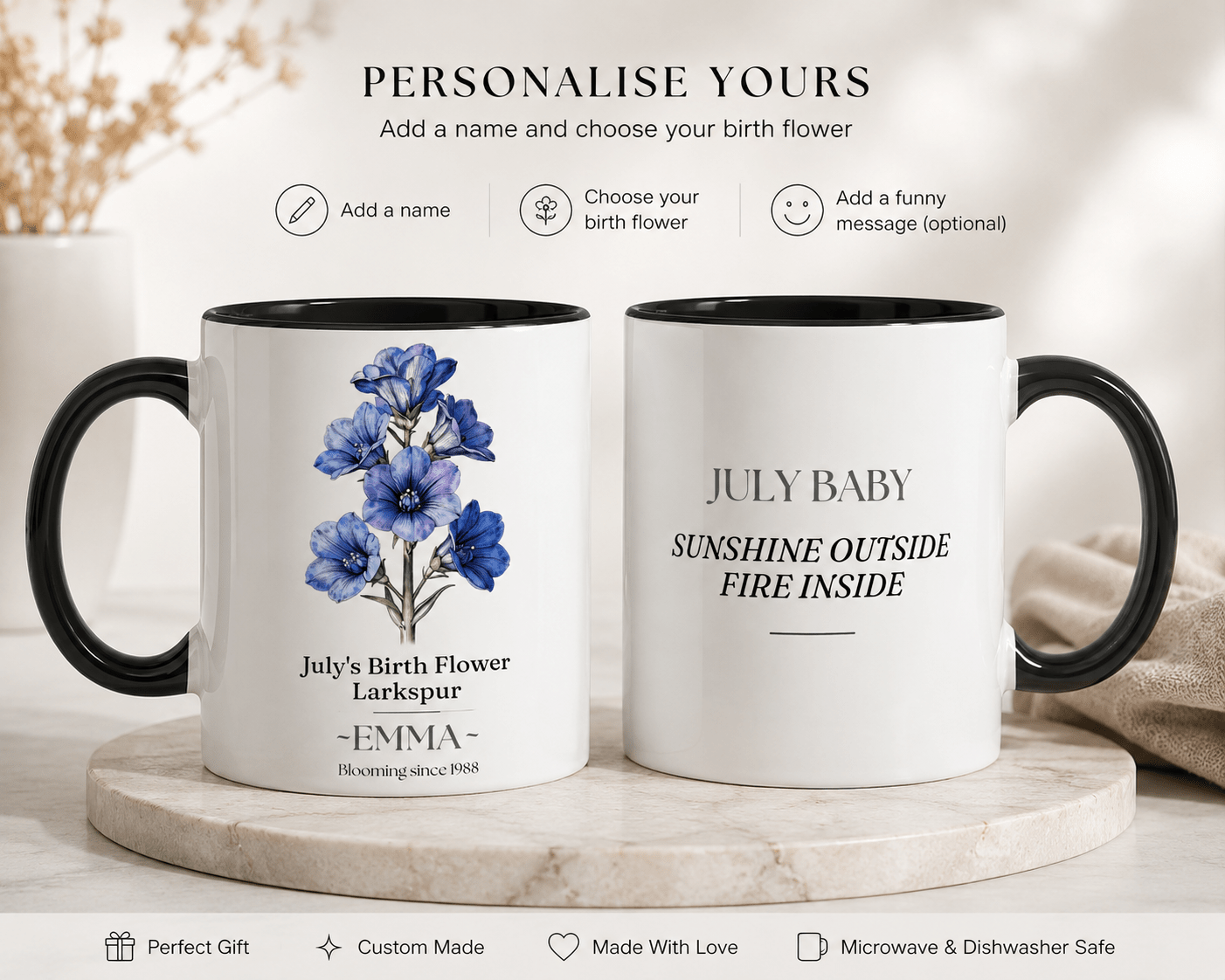 Personalised Birth Flower Mug with Name — Choose Your Birth Month - AlleyCrafters