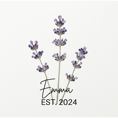 Personalised Lavender Sprig T-Shirt | Custom Name & Year | Botanical Gift for Her