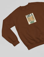 Brown sweatshirt close-up with square front graphic print