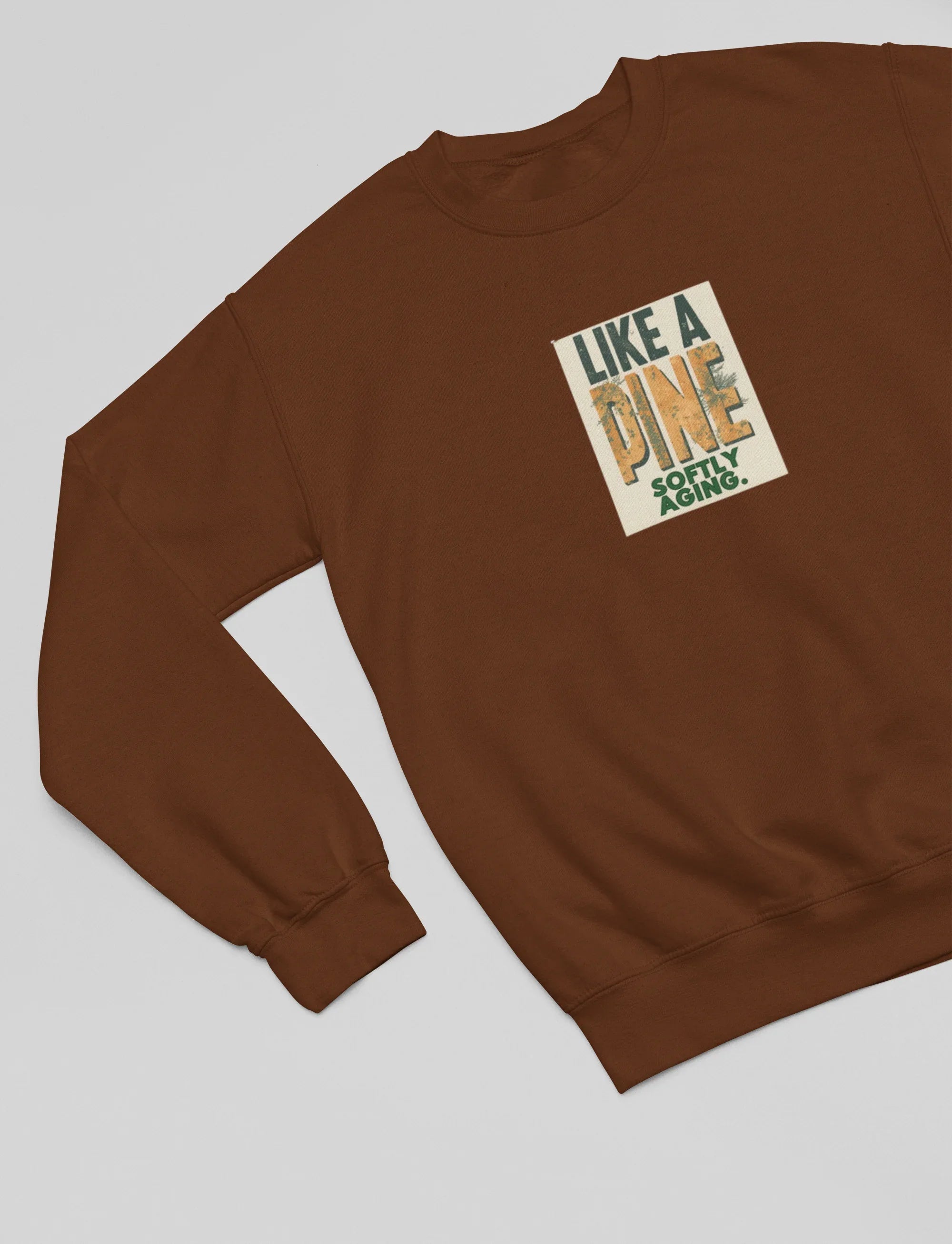 Brown sweatshirt close-up with square front graphic print