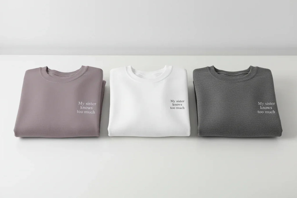 Folded crewneck sweatshirts in mauve, white, and dark gray with small chest text