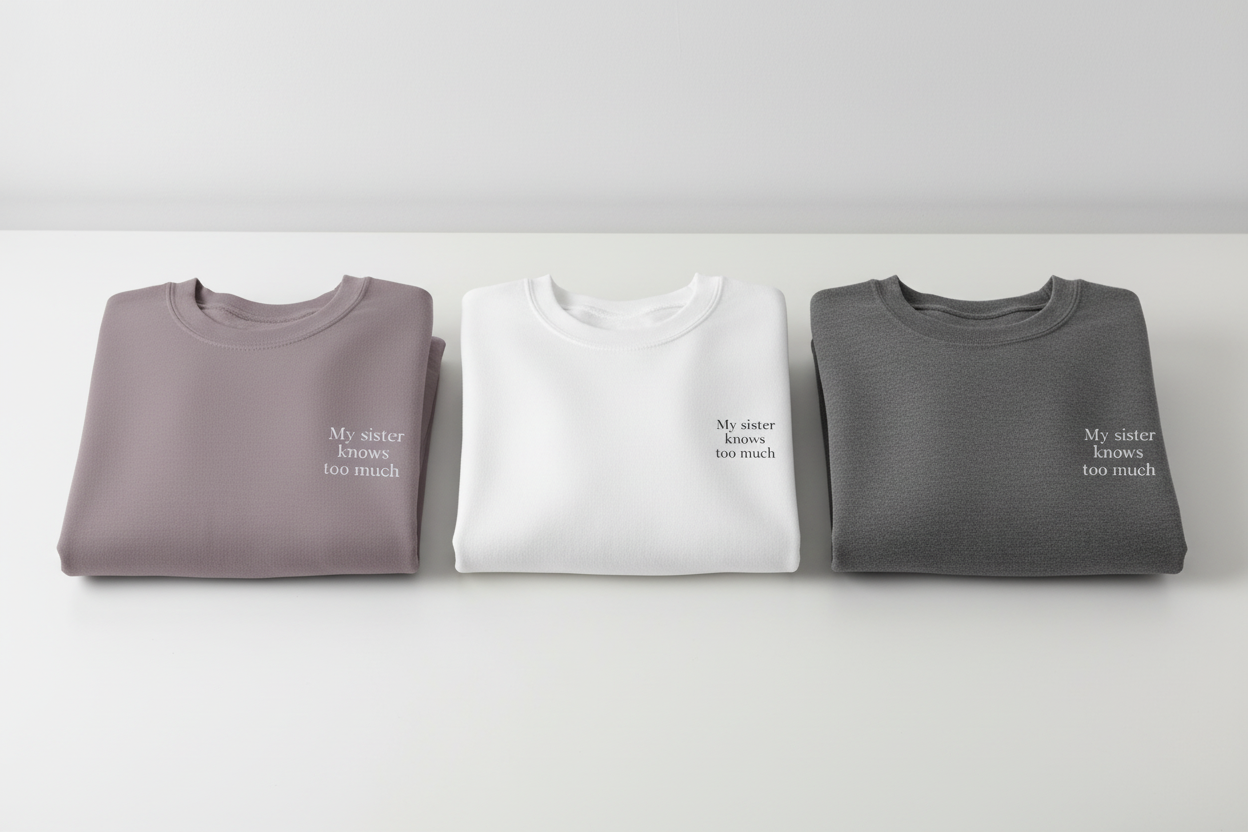 My sister knows too much funny slogan printed on a minimalist unisex sweatshirt”
