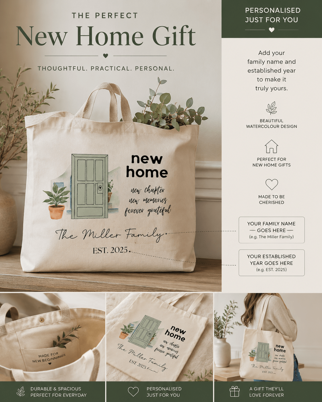 Personalised New Home Tote Bag | Door & Plant Design | Housewarming Gift - AlleyCrafters