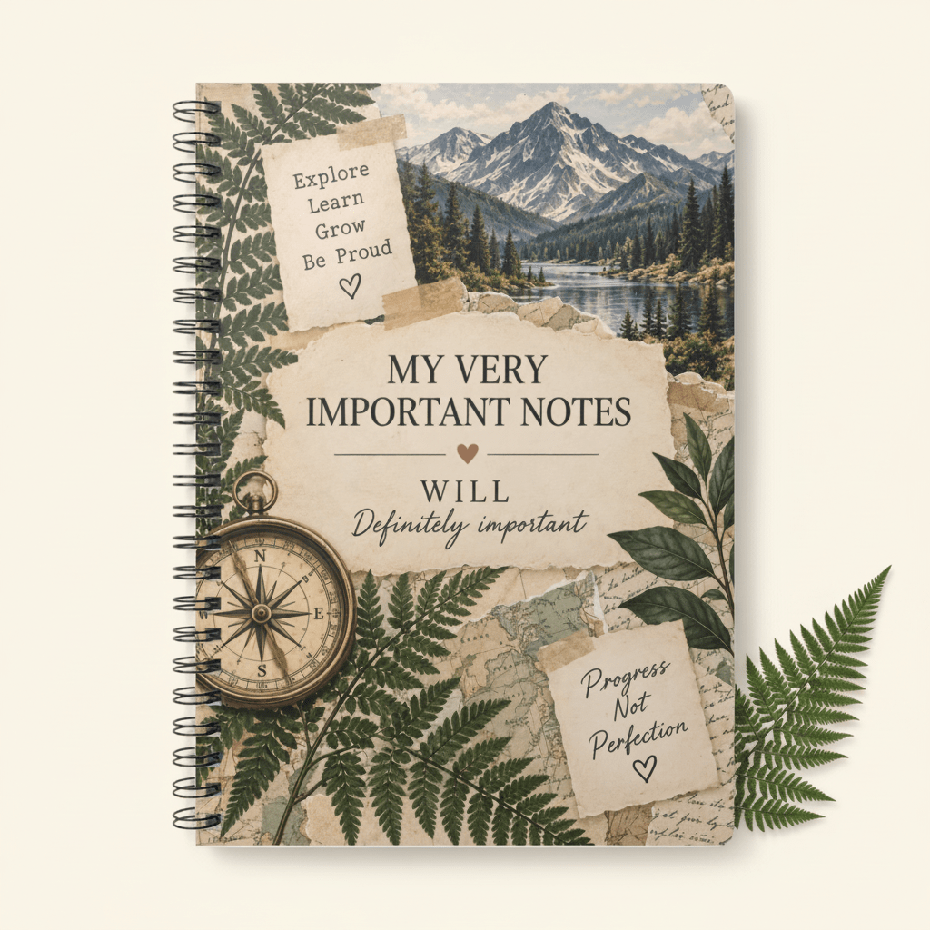 Personalised A5 adventure notebook with name on mountain collage cover
