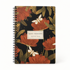 A5 spiral notebook, lined pages, rust botanical floral cover with moths and name plaque