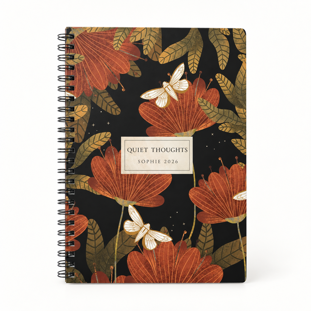 A5 spiral notebook, lined pages, rust botanical floral cover with moths and name plaque
