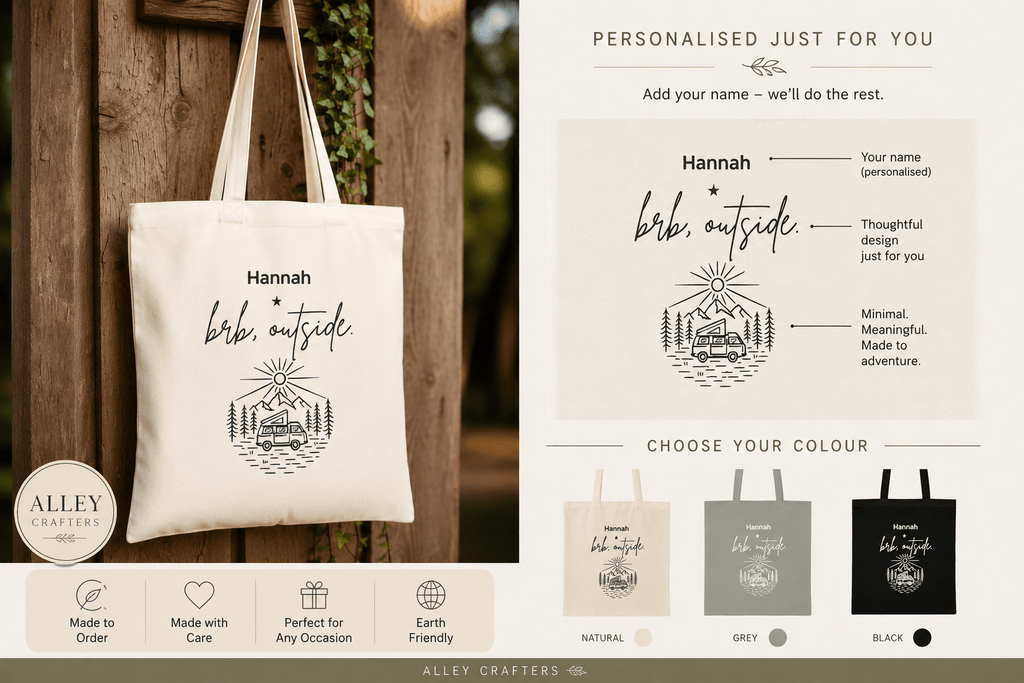 Personalised 'BRB, Outside' Tote Bag — Custom Name Nature Illustration - AlleyCrafters