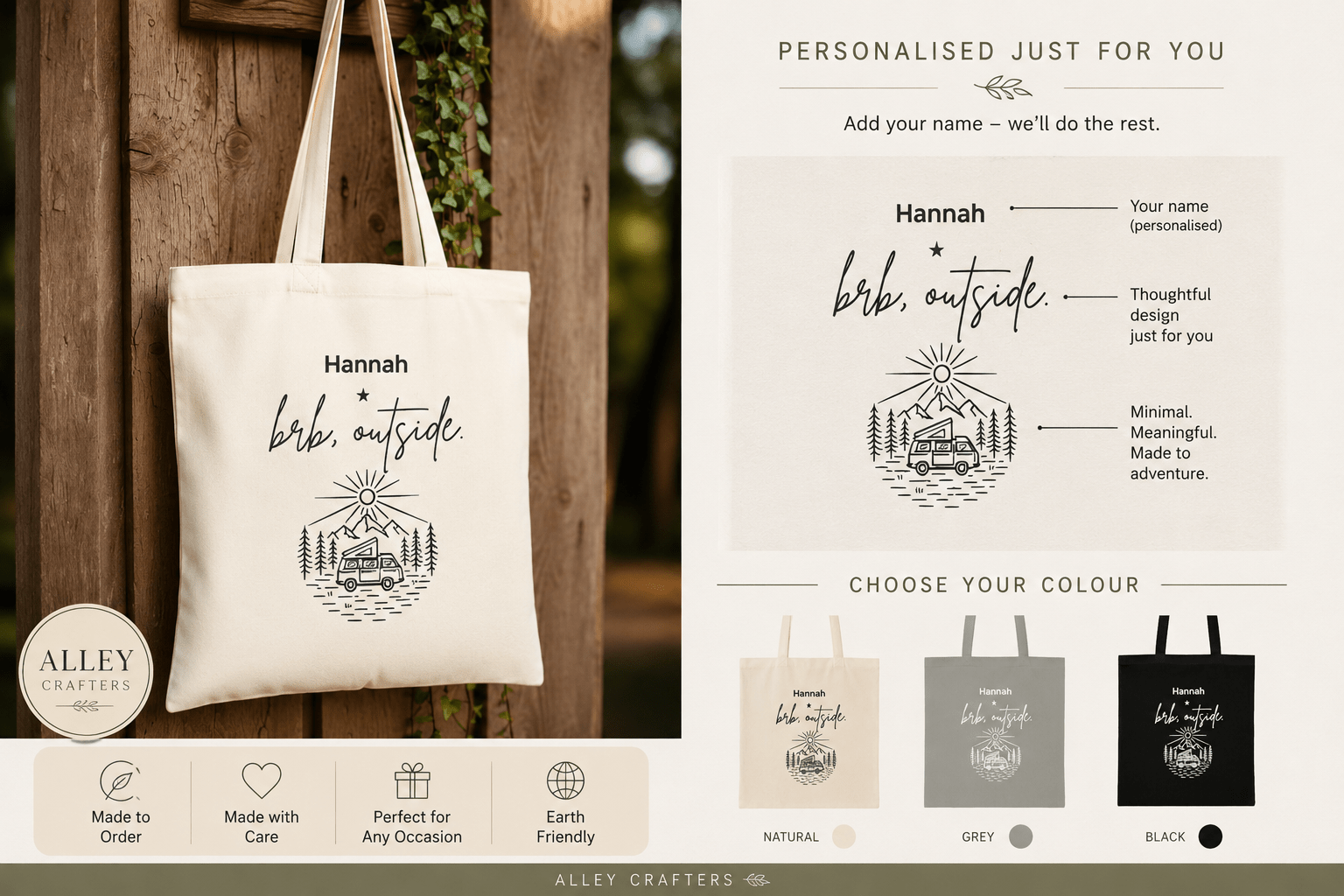 Personalised 'BRB, Outside' Tote Bag — Custom Name Nature Illustration - AlleyCrafters