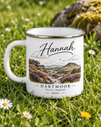 Personalised Dartmoor enamel camping mug with Hannah name and landscape print, white.