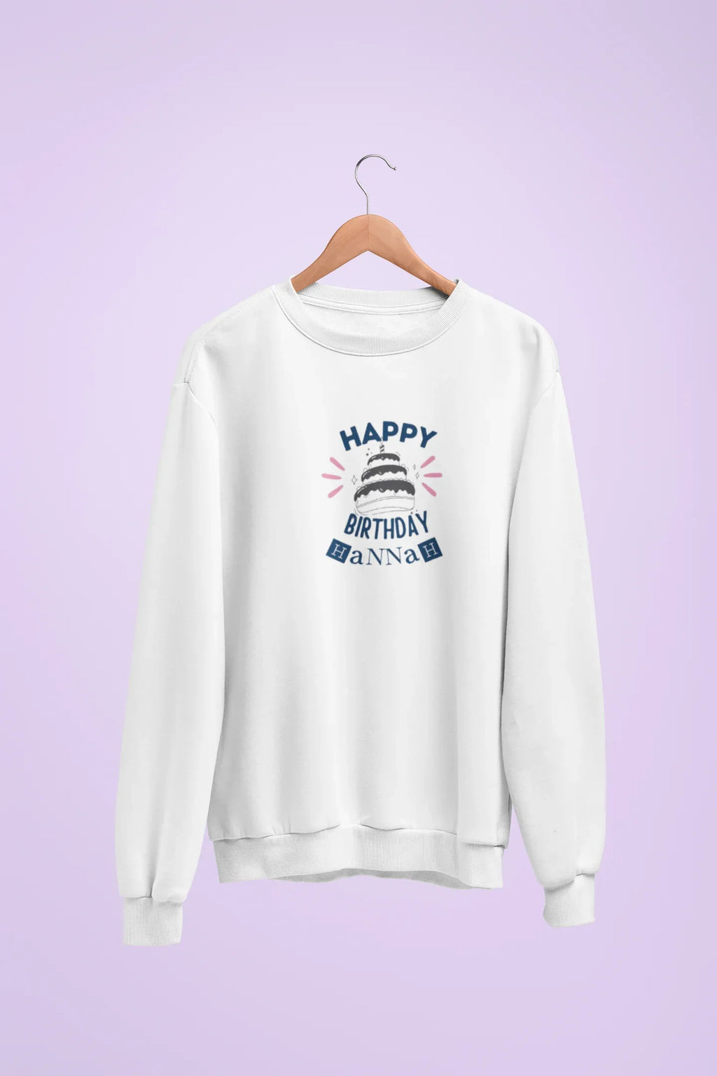 White sweatshirt with 'Happy Birthday' cake graphic and custom name text