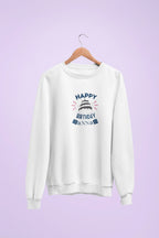 White sweatshirt with 'Happy Birthday' cake graphic and custom name text