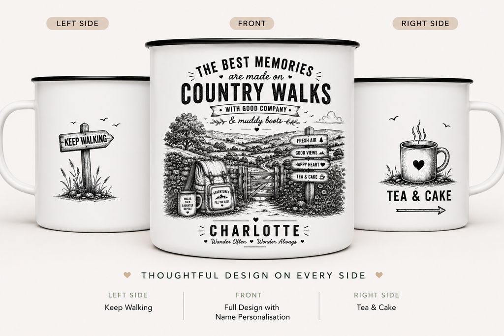 Personalised Enamel Camping Mug — "The Best Memories Are Made on Country Walks"