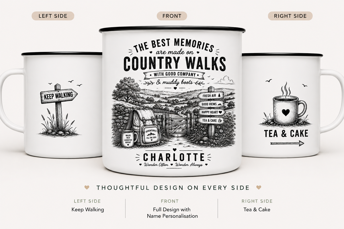 Personalised Enamel Camping Mug — "The Best Memories Are Made on Country Walks"