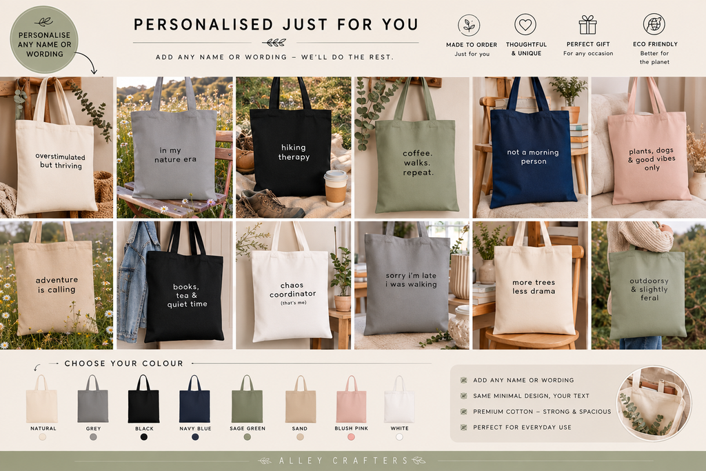 Set of personalized cotton tote bags in multiple colors with minimalist printed words and handles.