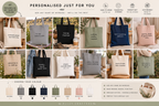Set of personalized cotton tote bags in multiple colors with minimalist printed words and handles.
