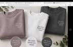 Three crewneck sweatshirts in mauve, white, and dark grey with small slogan print