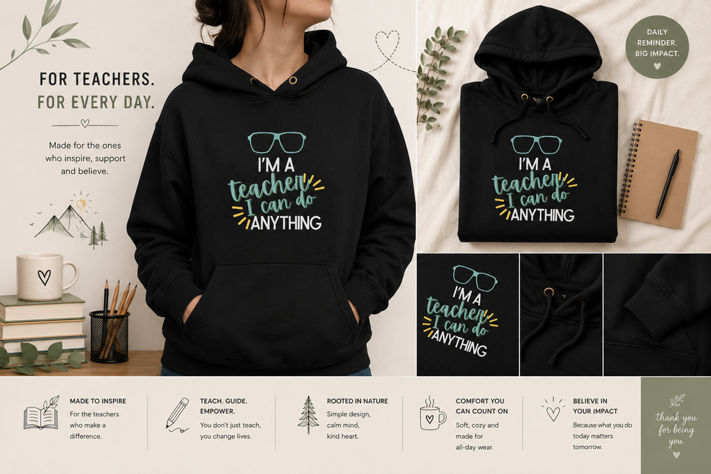 Black hoodie with front pocket, drawstring hood, and colorful 'I'm a Teacher' text.