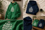 Green and navy unisex hoodies with drawstring hood, front pocket, and universe print