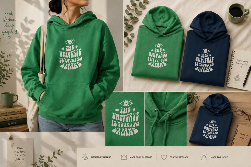 Unisex hooded sweatshirts in green and navy with front pocket, drawstring hood, universe print