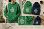 Unisex hooded sweatshirts in green and navy with front pocket, drawstring hood, universe print