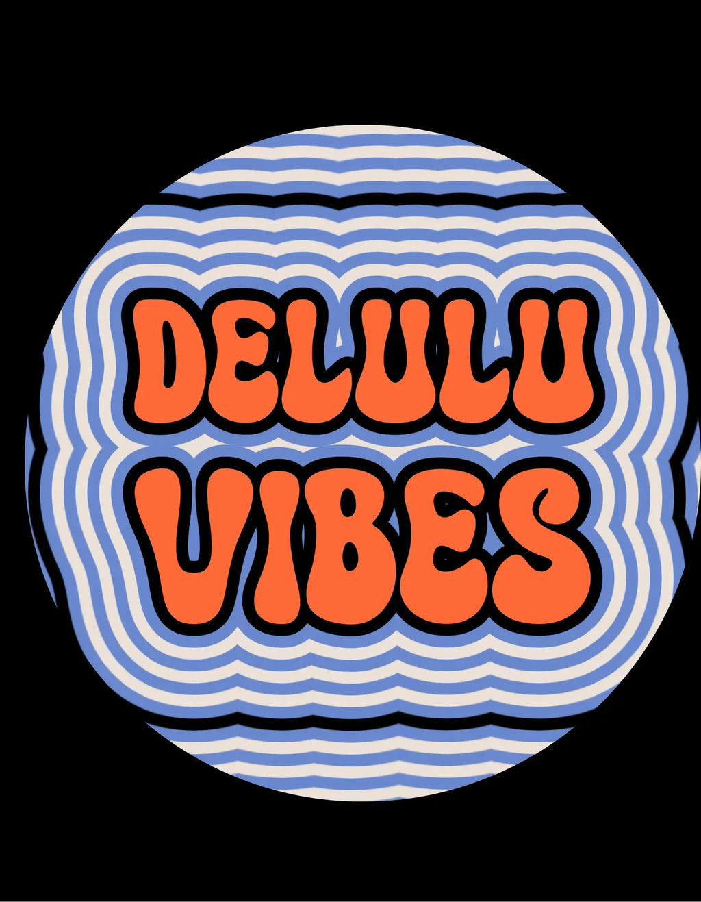 Black hoodie featuring circular striped backdrop with orange and blue "DELULU VIBES" text
