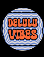 Black hoodie featuring circular striped backdrop with orange and blue "DELULU VIBES" text