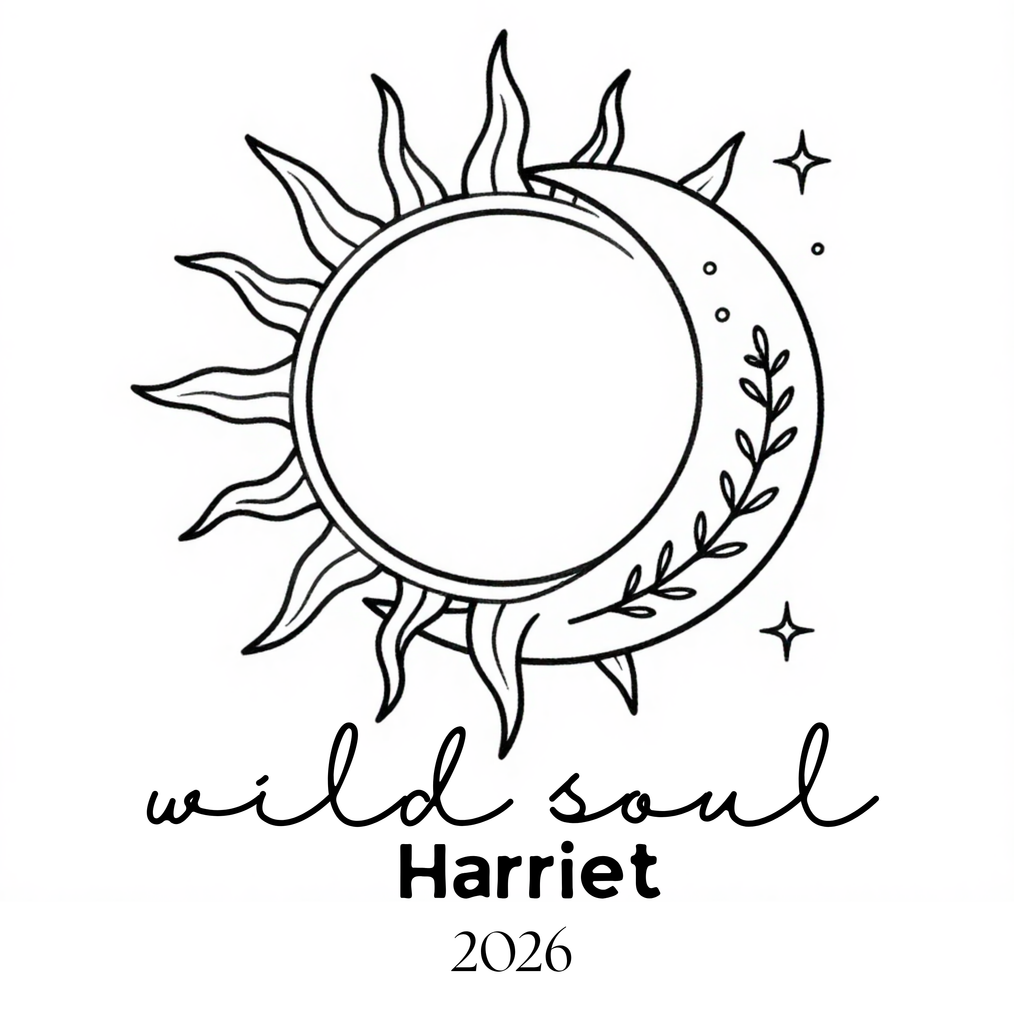 Sun-and-moon emblem print with 'wild soul Harriet 2026' on white