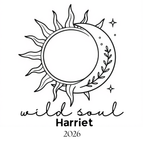 Sun-and-moon emblem print with 'wild soul Harriet 2026' on white