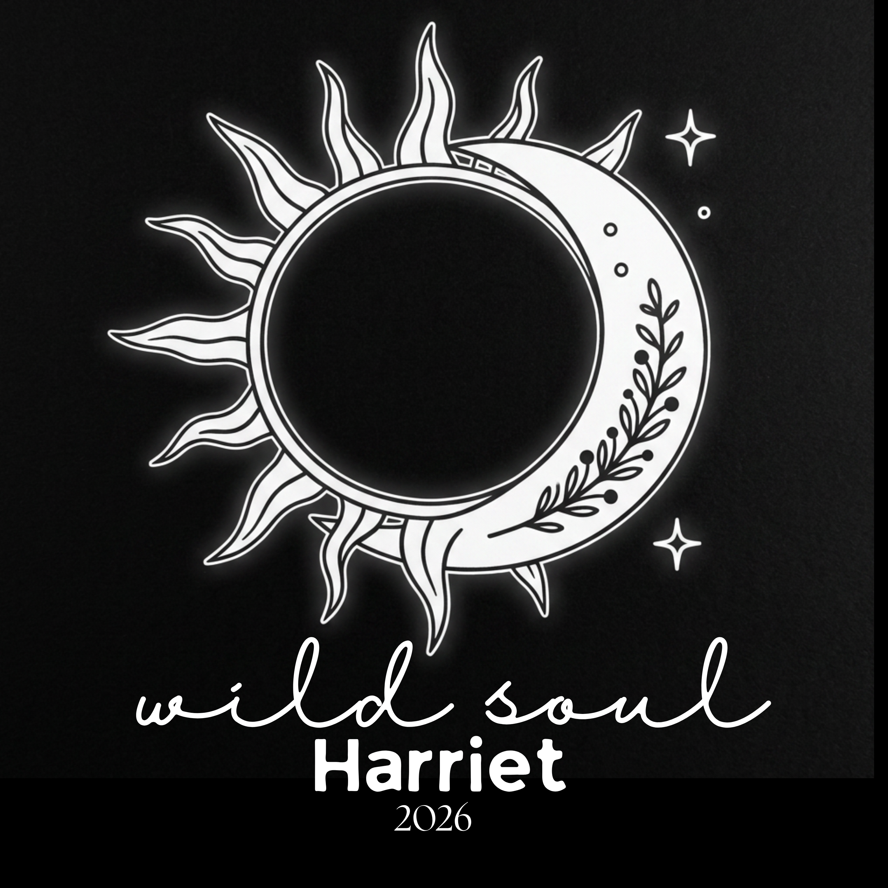 Black graphic T-shirt with white sun-and-moon emblem and 'wild soul Harriet 2026'