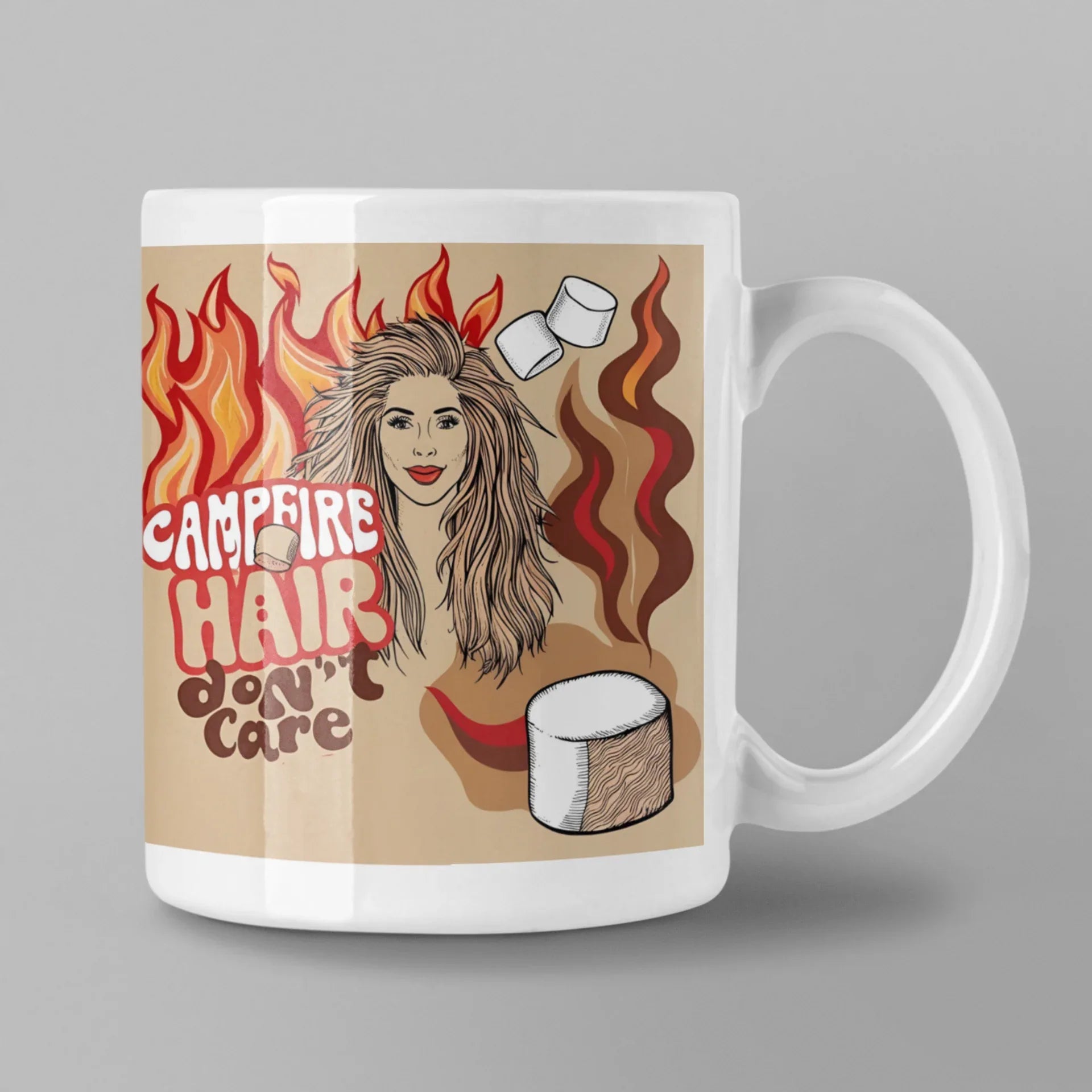 White ceramic mug with flame-haired woman graphic and quote, handle visible