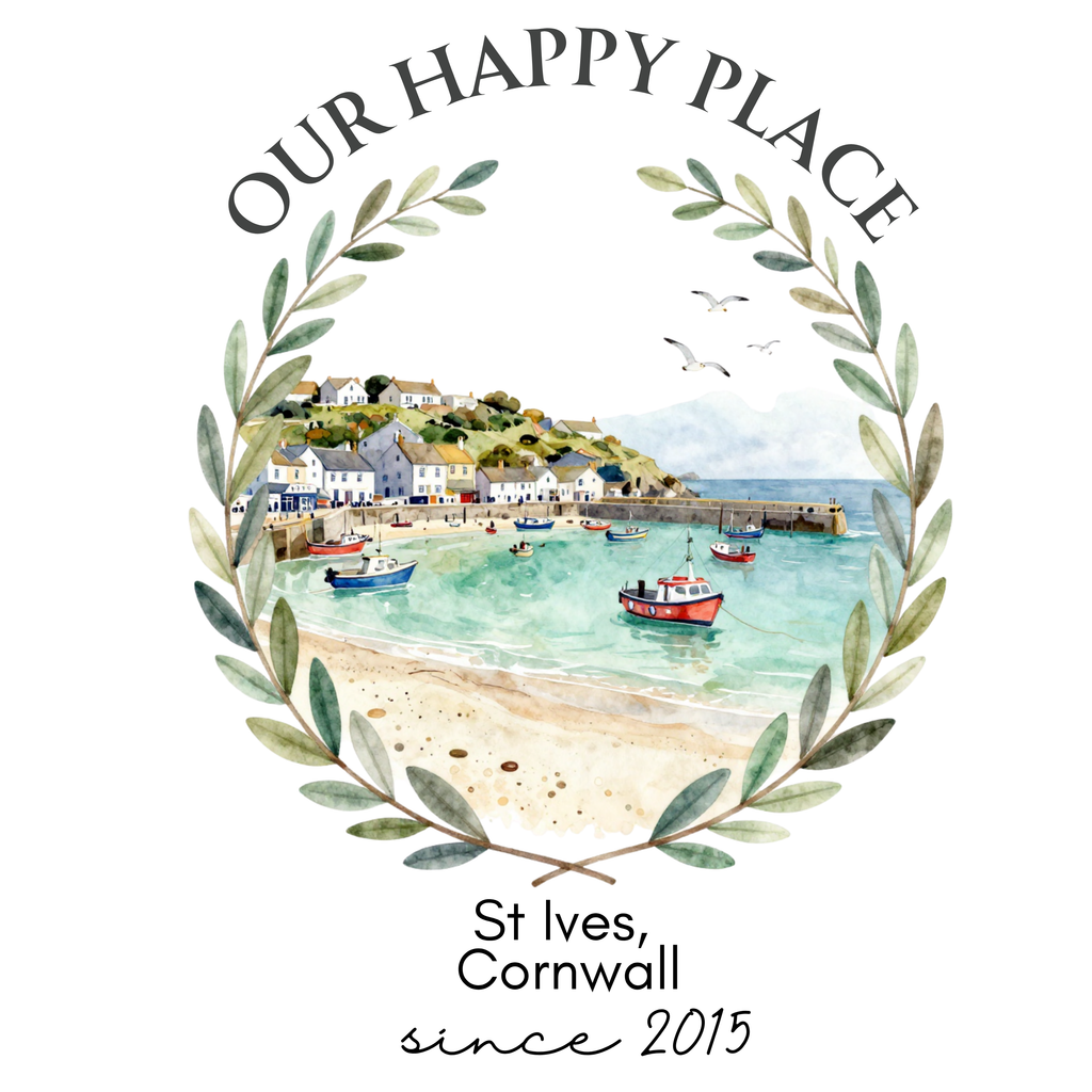 Scenic harbor T-shirt design print with “OUR HAPPY PLACE” wreath and “since 2015”