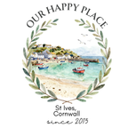 Scenic harbor T-shirt design print with “OUR HAPPY PLACE” wreath and “since 2015”