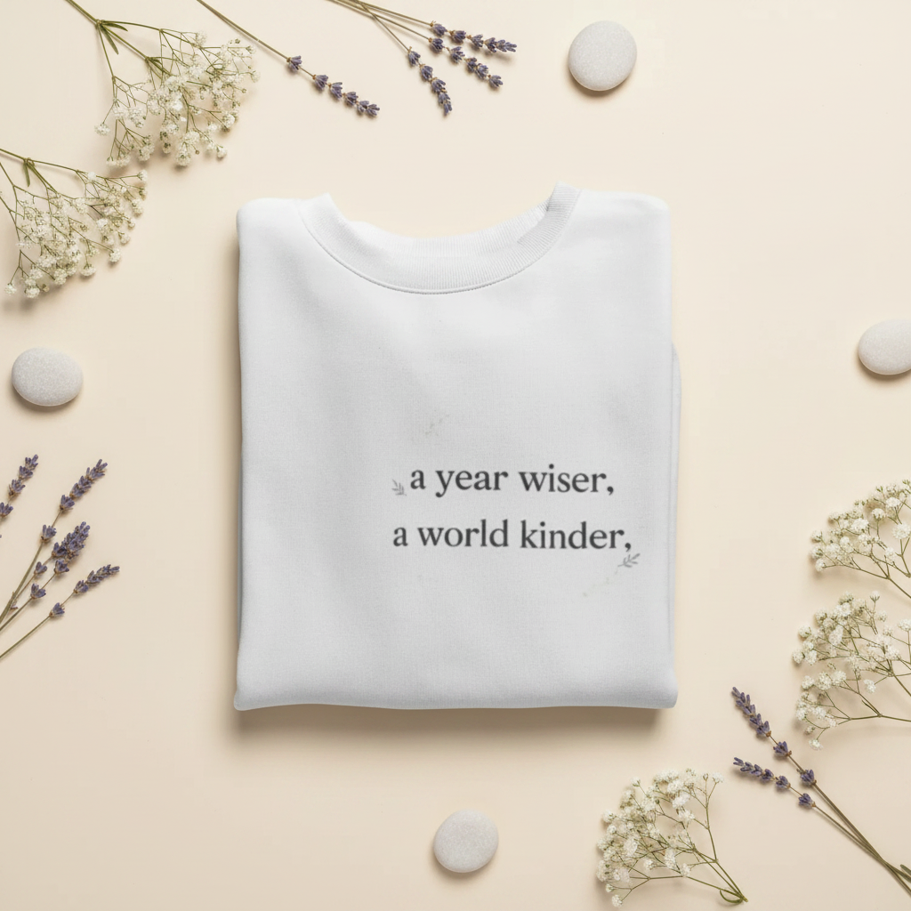White crewneck sweatshirt with a year wiser, a world kinder print