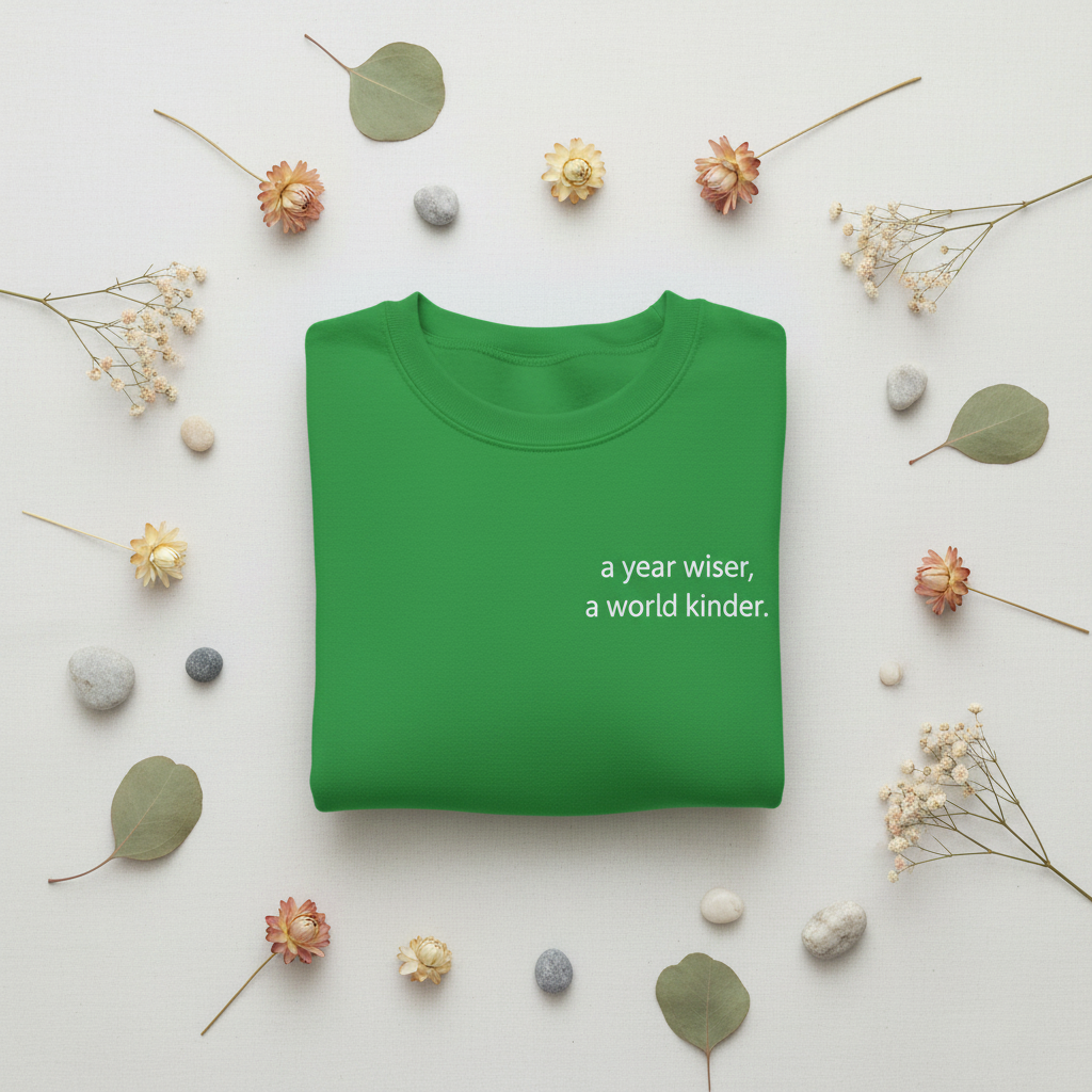Green crewneck sweatshirt with centered quote 'a year wiser, a world kinder'