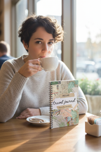 A5-proportioned UGC mockup of the Megan travel journal at a cafe