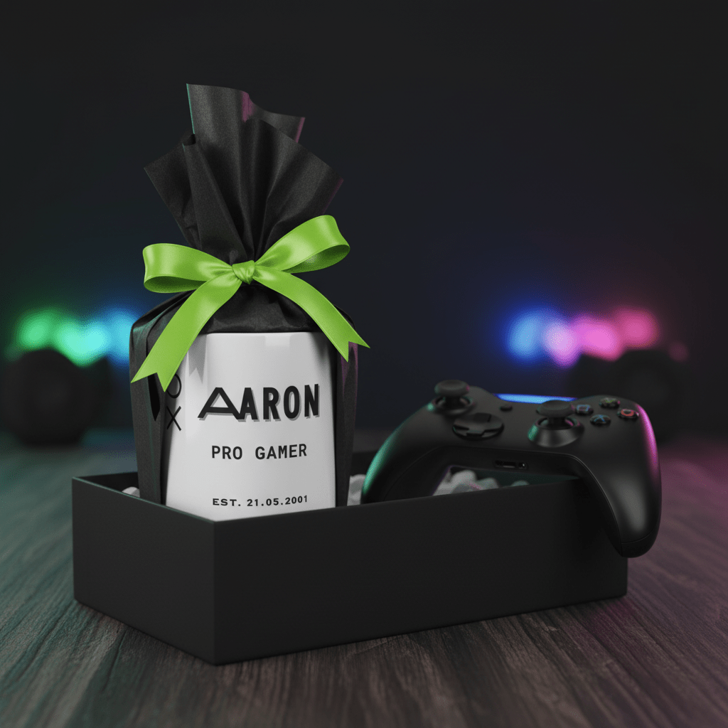White personalised gamer mug with 'AARON' text, 'PRO GAMER' and 'Est.' date