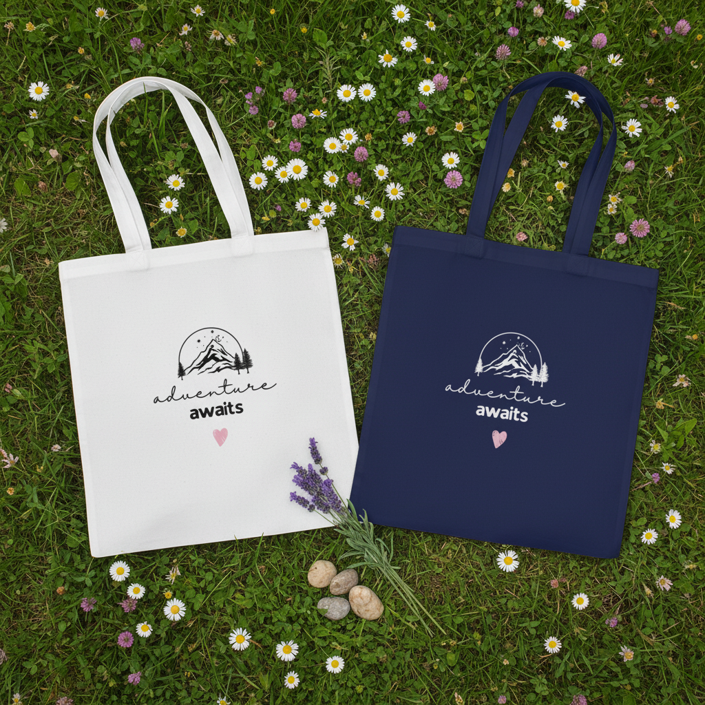 Adventure Awaits Tote Flat Lay - Grass & Wildflowers