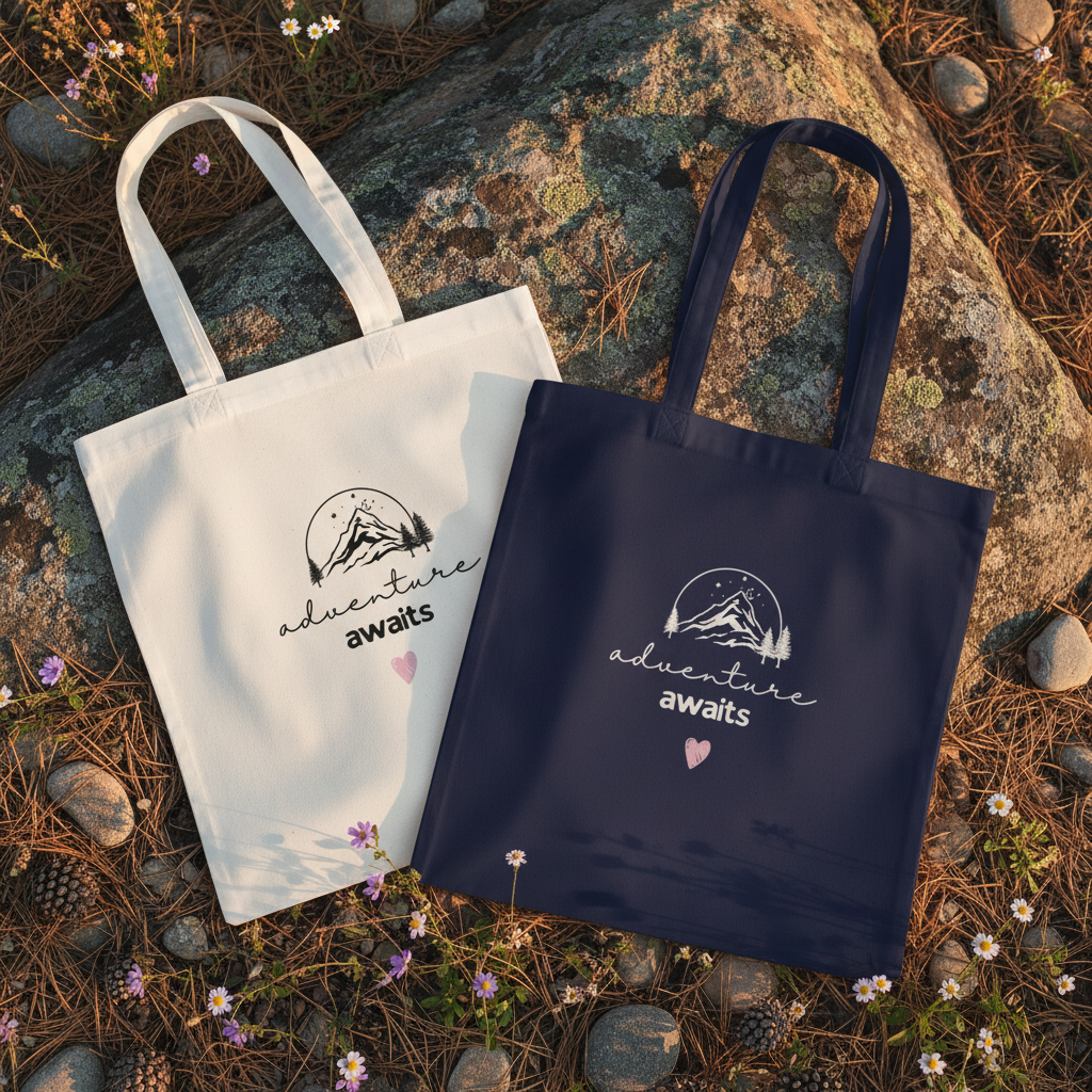 White and navy cotton tote bags on rocks, each with mountain sketch and pink heart