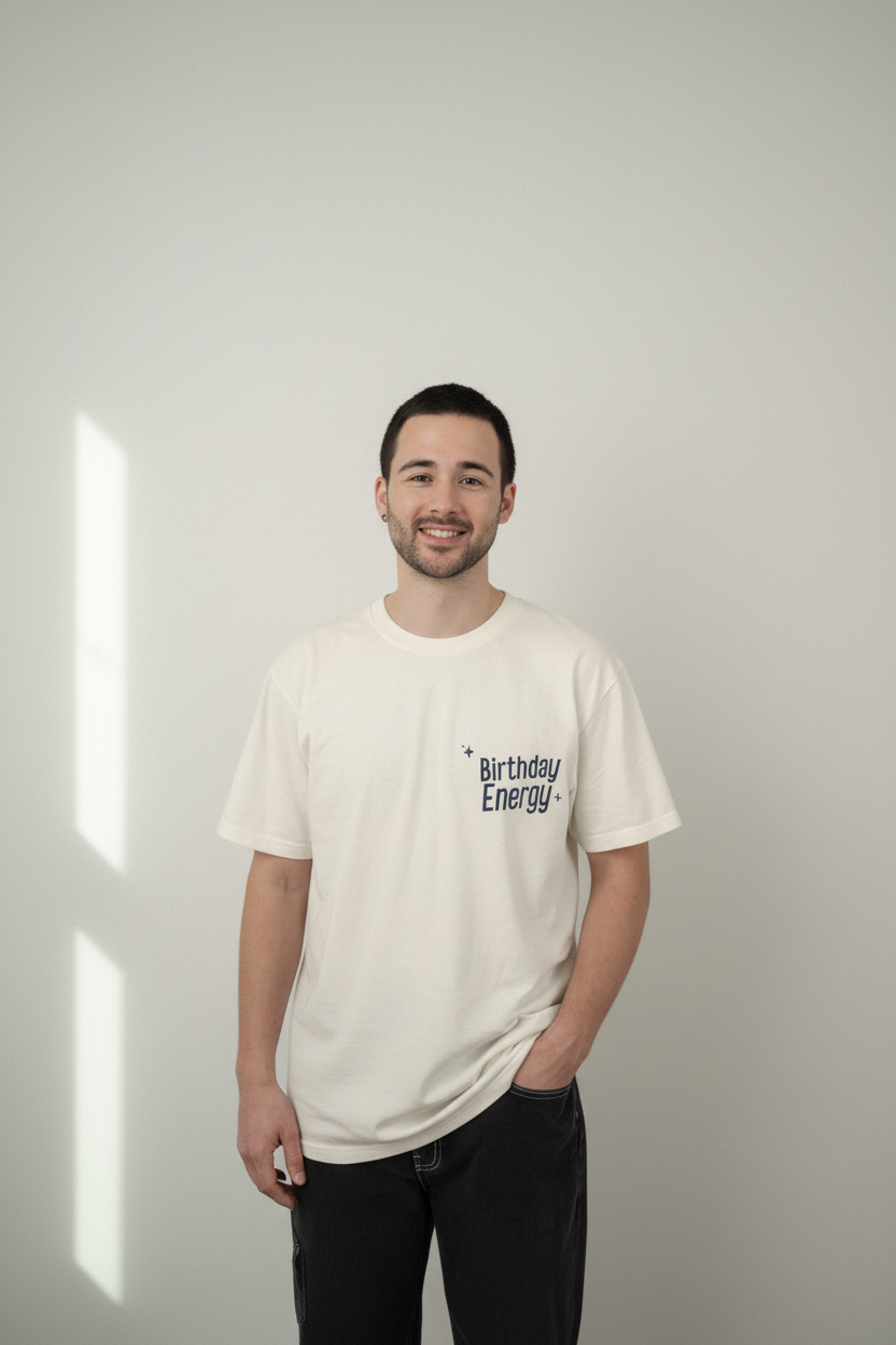 White crew-neck short-sleeve T-shirt with 'Birthday Energy' chest print