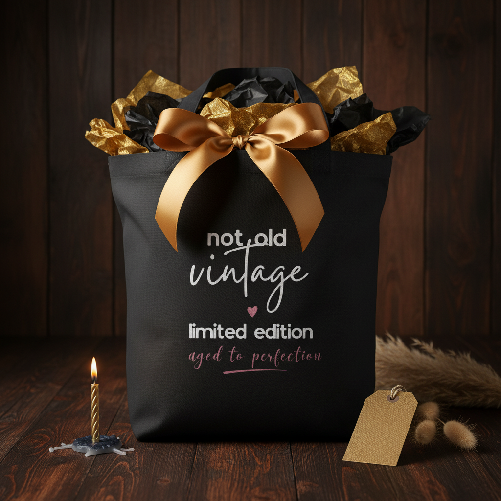 Black canvas tote bag with ribbon bow and not old vintage printed front