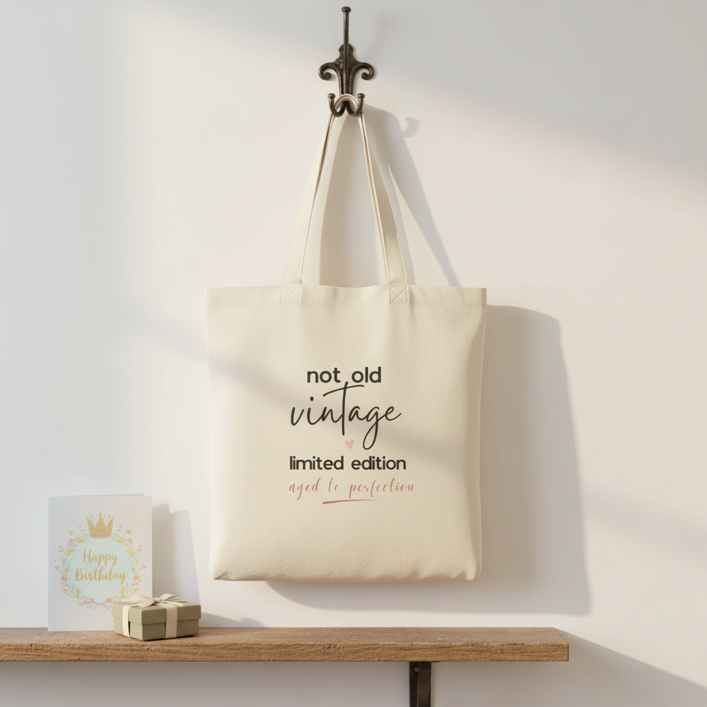Natural canvas tote bag with 'not old vintage' and 'limited edition' print
