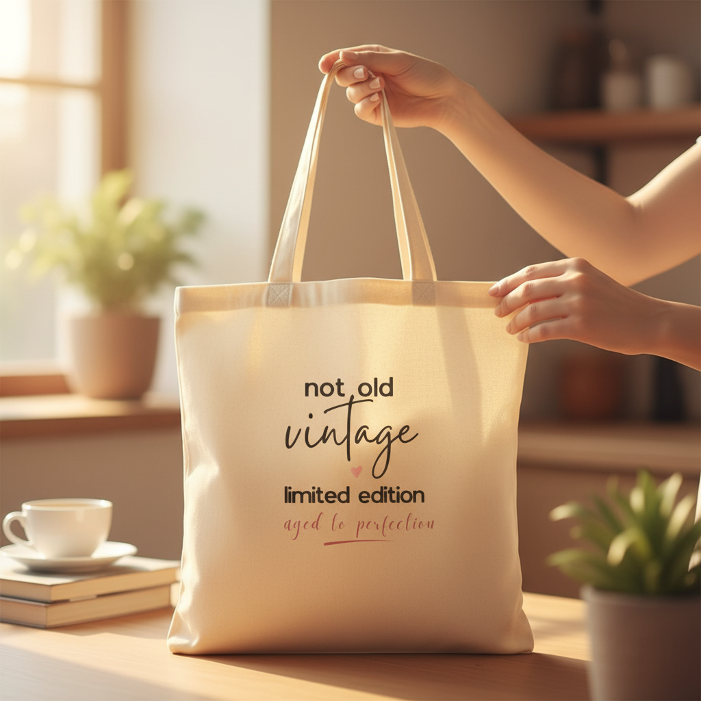 Natural canvas tote bag with 'not old vintage' and 'limited edition' print, held by hands