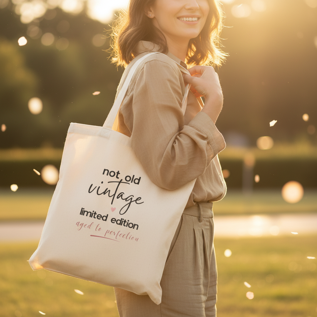 Natural canvas tote bag with 'not old vintage' print, carried by person outdoors