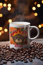 White ceramic bear mug with flames graphic and red “CENSORED” label, handle on right.